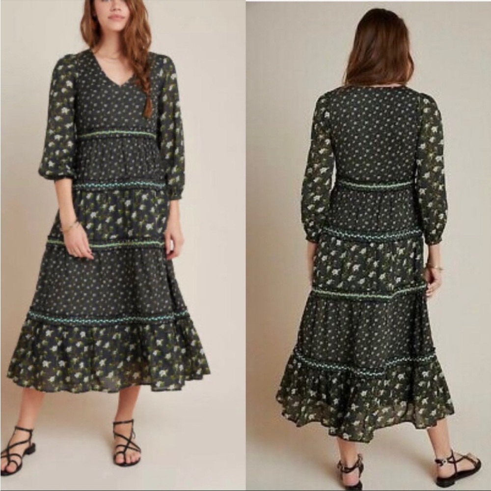 Anthropologie Black Floral Tiered Maxi Dress